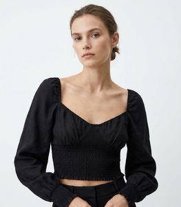 Chic Black Smocked Long Sleeve Top