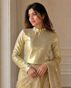 Golden Metallic Foil High Neck Full Sleeve Blouse