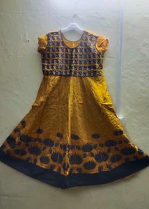 Yellow Anarkali Gown with Dark Blue Motifs