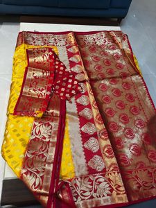 New Vibrant Yellow &amp; Red Silk Saree