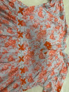 Boho-Chic Grey-Blue &amp; Orange Floral Short Dress wi
