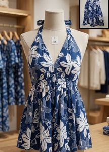 Blue Floral Halter Neck Dress