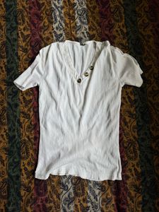 White V-Neck Ribbed Tee