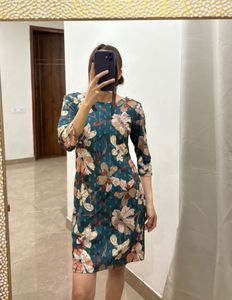 Teal Green Floral Print Shift Dress