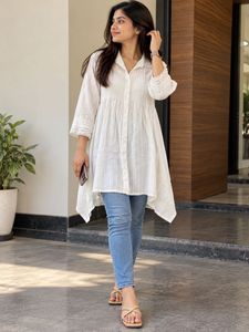 Elegant White Textured Button-Up Shirt cum Co-ord