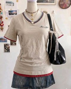 y2k Beige V-Neck Casual tee