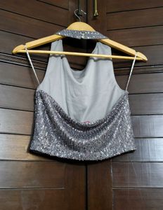 Ginger Sequin Halter Neck Silver Crop Top