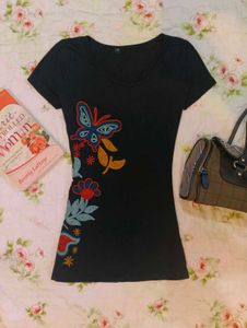 Black T-Shirt with Embroidered Butterfly