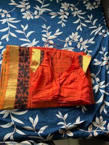 Orange &amp; Black cotton Saree with blouse