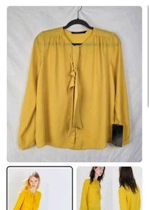 Zara Mustard Yellow Blouse with Tie Neck