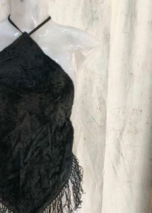 Black Halter Neck Fringe Top