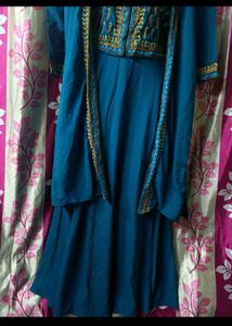 Elegant Teal Gown with Gold Embroidery