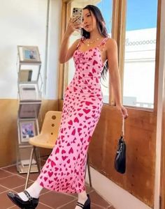 Pink &amp; Red Heart Print Slip Dress
