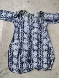Blue and White Printed Cotton Kurta