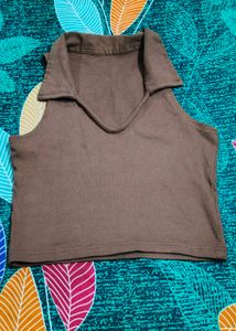 Brown Collared Sleeveless Crop Top