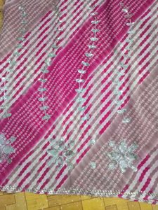 Pink &amp; White Bandhani Saree