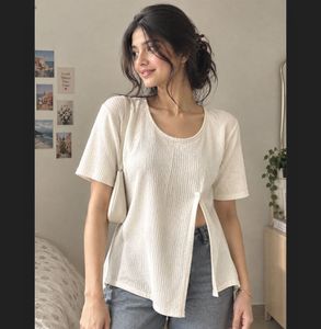 Cream Ribbed V-Neck Tunic Top
