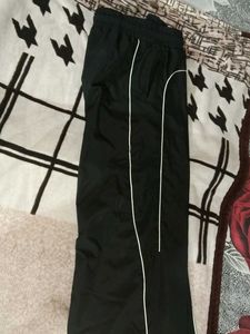 Baggy Fit Black Track Pants with White Stripes