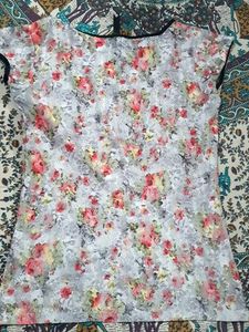 Floral Print T-Shirt with Black Trim