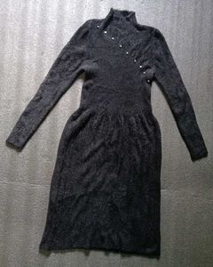 Elegant Mock Neck Knit Dress with Pearl Accents