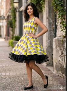 Vibrant Yellow & Black Heart Print Dress