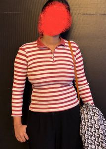 Striped Collared Zip-Up Top
