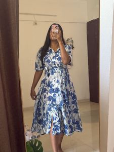 Blue Floral Tiered Midi Dress