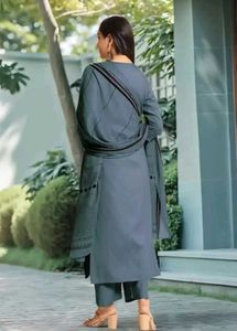 Blue Kurta Set with Matching Pants and Striped Dup