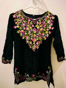 black embroidered Chikankari Short Kurti