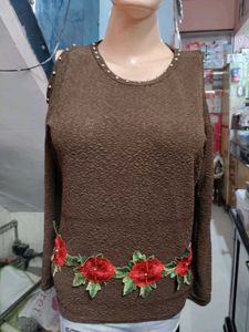 Brown Cold Shoulder Top with Rose Embellishment