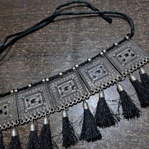 Oxidized Silver Choker with Black Tassels