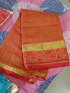 Orange Saree with Golden Border
