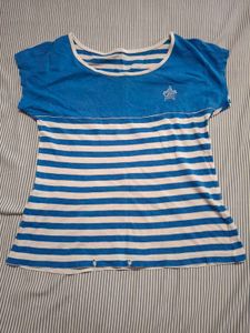 Blue &amp; White Striped T-Shirt with Star Detail