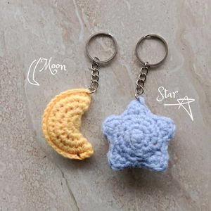 Cute Moon &amp; Star Crochet Keychain