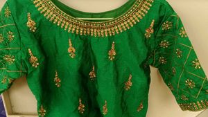 Embellished Green Silk Blouse with pink lehenga