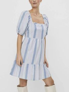 Blue Striped Puff Sleeve Square Neck Dress