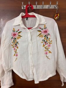 White Embroidered Cropped Shirt