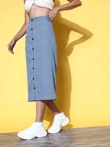 Sassafras Wash Denim Button-Front Midi Skirt