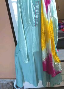 Women Sky Blue Kurta With Dupatta Set