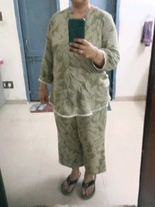 Green Leaf Print Kurta Set