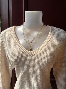Cream Waffle Knit V-Neck Top