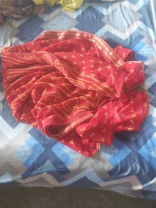 Red Saree with Yellow Bandhani Print