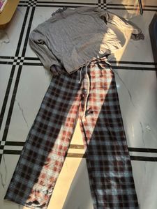 Plaid Wide Leg Pants &amp; Grey Top