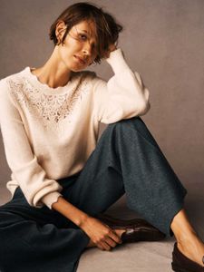 Cream Lace Detail woolen Knit Sweater