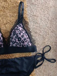 Leopard Print Lace Trim Bikini Set