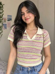 Striped Cropped Knit Polo Top