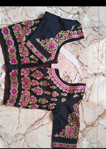 Black Brocade Blouse with Pink Embroidery