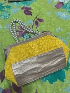 Yellow Embroidered Clutch with Pearl Handle