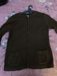 Brown Knit Zip Cardigan