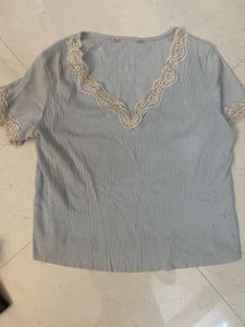 Light Blue Lace Trim V-Neck Top